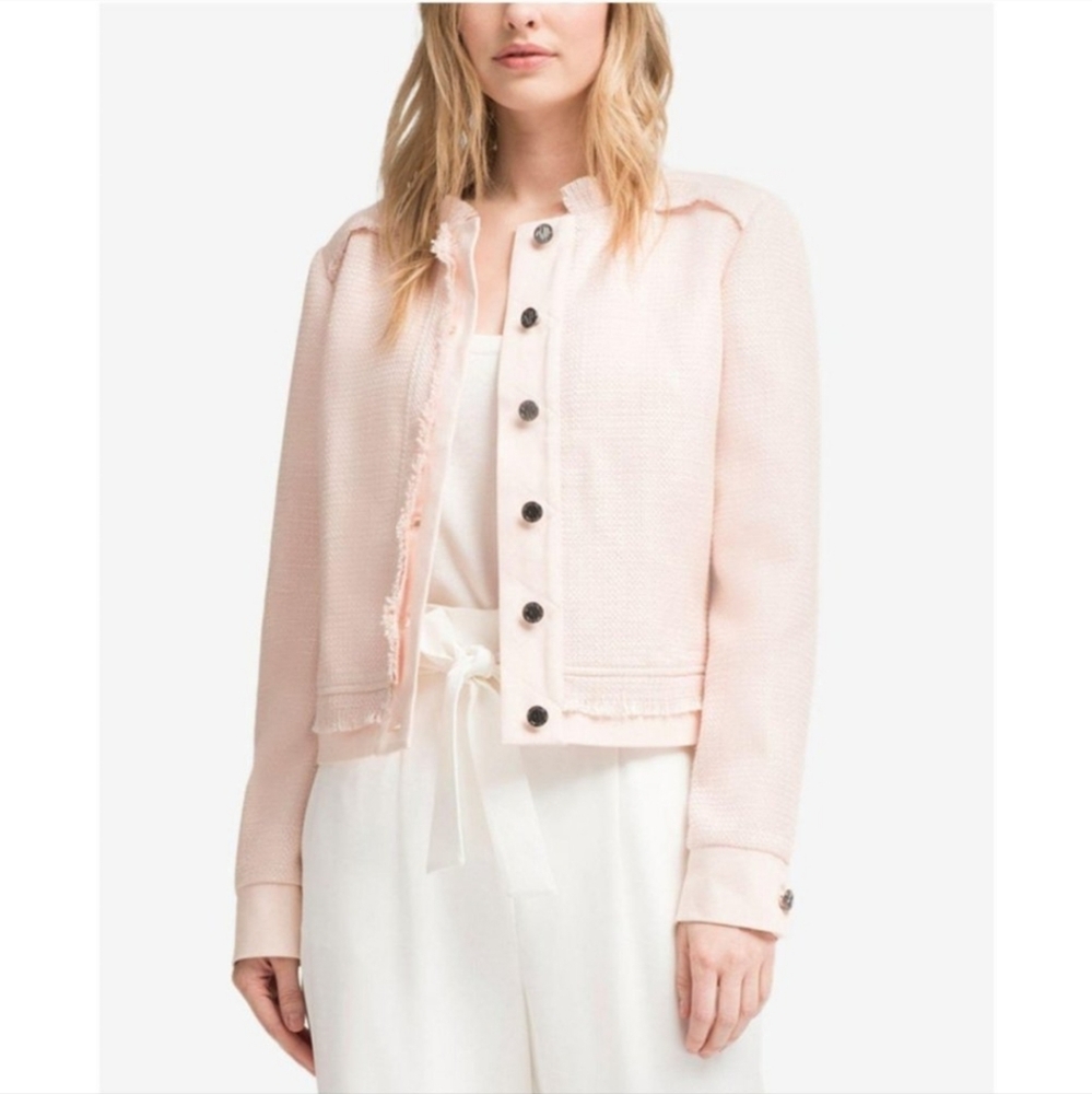 New DKNY Blush Pink Fringe-Trim Tweed Bomber Jacket Women's Size Medium